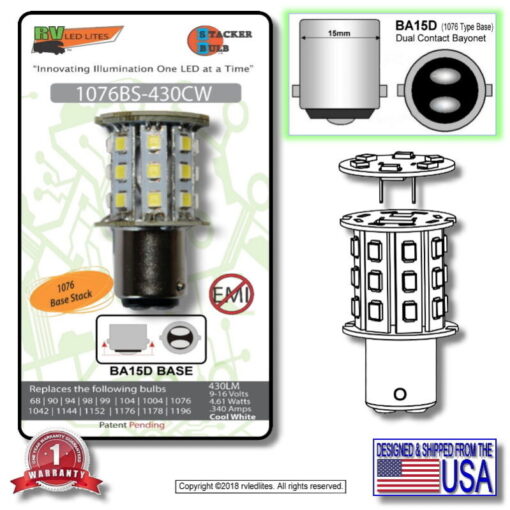 The 1076BS-430CW is a bright, energy-efficient LED bulb with a cool white light and stackable design, perfect for upgrading your RV's lighting.