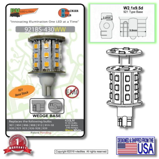 The 921BS-430WW is a bright, energy-efficient LED bulb with a warm white light and stackable design, perfect for upgrading your RV's lighting.