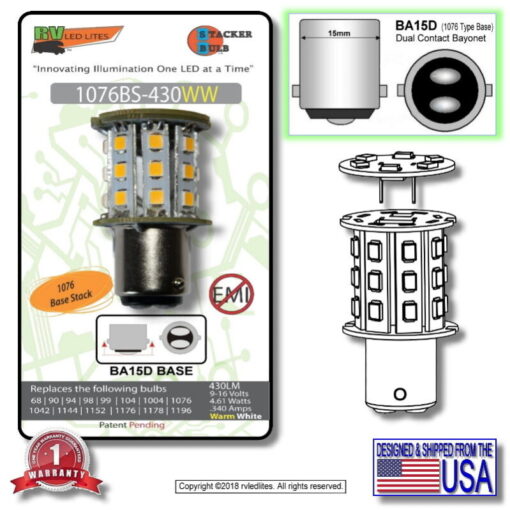 The 1076BS-430WW is a bright, energy-efficient LED bulb with a warm white light and stackable design, perfect for upgrading your RV's lighting.