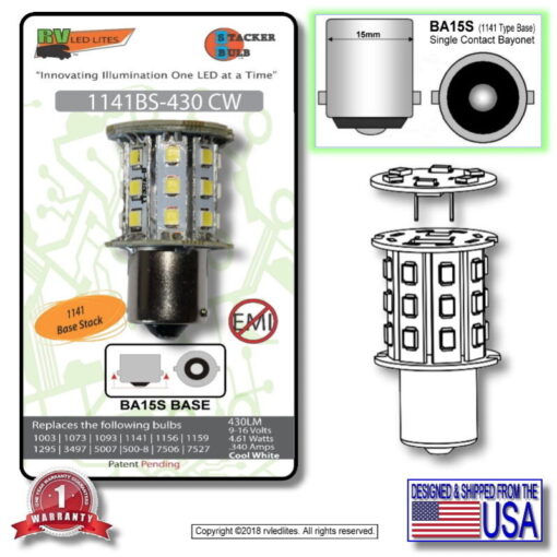 The 1141BS-430CW is a bright, energy-efficient LED bulb with a cool white light and stackable design, perfect for upgrading your RV's lighting.