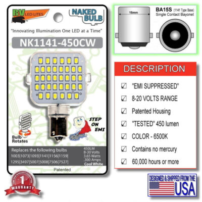 The Model NK-1141-450CW LED Light Bulb is a Bright White (450 Lumens, @ 6500K) that has a BA15S Base and EMI SUPPRESSION.