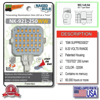 The Model NK-921-250WW LED Light Bulb is a Bright Warn Light (250 Lumens, @ 3200K) that has a T5 Wedge Base and EMI SUPPRESSION.