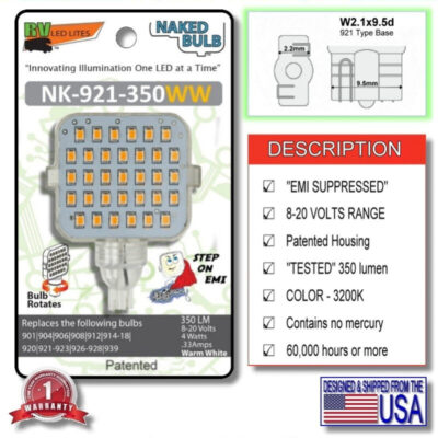 The Model NK-921-350WW LED Light Bulb is a Bright Warn Light (350 Lumens, @ 3200K) that has a T5 Wedge Base and EMI SUPPRESSION.