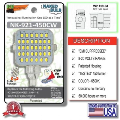 The Model NK-921-450CW LED Light Bulb is a Bright White (450 Lumens, @ 6500K) that has a T5 Wedge Base and EMI SUPPRESSION.