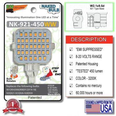 The Model NK-921-450WW LED Light Bulb is a Bright Warn Light (450 Lumens, @ 3200K) that has a T5 Wedge Base and EMI SUPPRESSION.